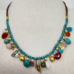 Beaded Charm Necklace Gemstones Gold Tone Accents Southwest Boho